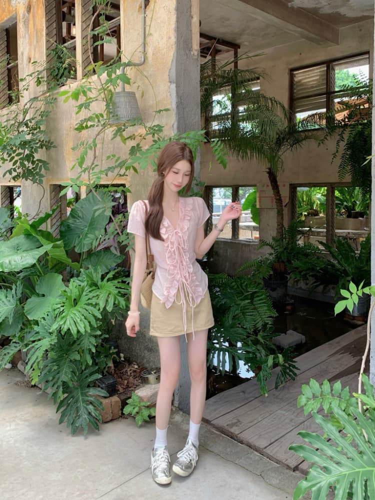 실사 정가 달콤함 레트로 프릴 레이스업 V넥 반팔 여성 셔츠 한국 스타일 품격 쇼트 스타일 맨위 여름 상세 이미지 20