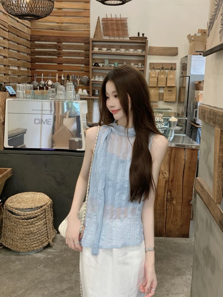 실사 정가 한 부서 나비 넥타이 터틀넥 민소매 체크무늬 조끼 작은 스탠드 칼라 얇은 스타일 ~을 통해 실 슬립 맨위 상세 이미지 1