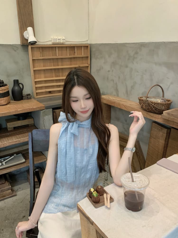 실사 정가 한 부서 나비 넥타이 터틀넥 민소매 체크무늬 조끼 작은 스탠드 칼라 얇은 스타일 ~을 통해 실 슬립 맨위 상세 이미지 3