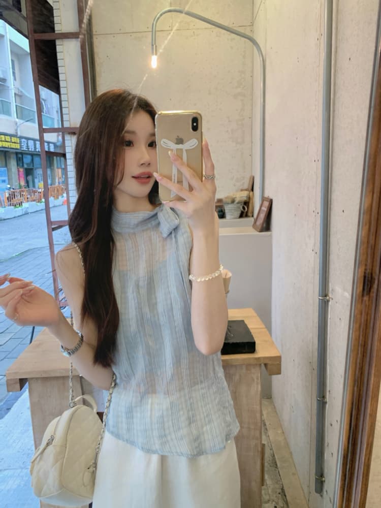 실사 정가 한 부서 나비 넥타이 터틀넥 민소매 체크무늬 조끼 작은 스탠드 칼라 얇은 스타일 ~을 통해 실 슬립 맨위 상세 이미지 4