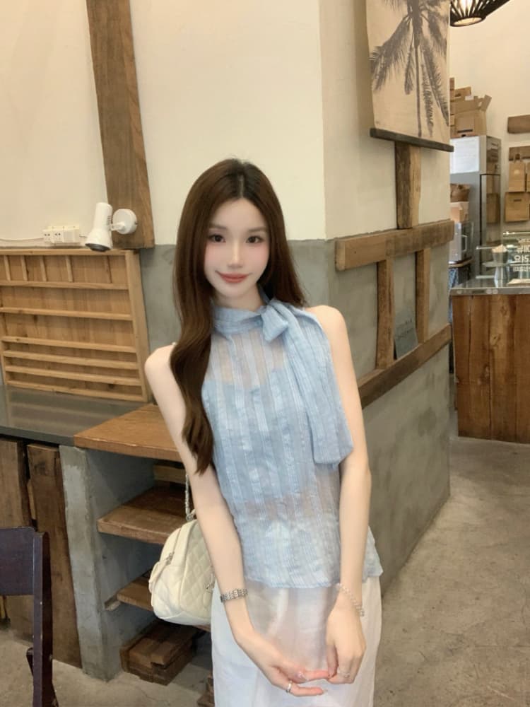 실사 정가 한 부서 나비 넥타이 터틀넥 민소매 체크무늬 조끼 작은 스탠드 칼라 얇은 스타일 ~을 통해 실 슬립 맨위 상세 이미지 5