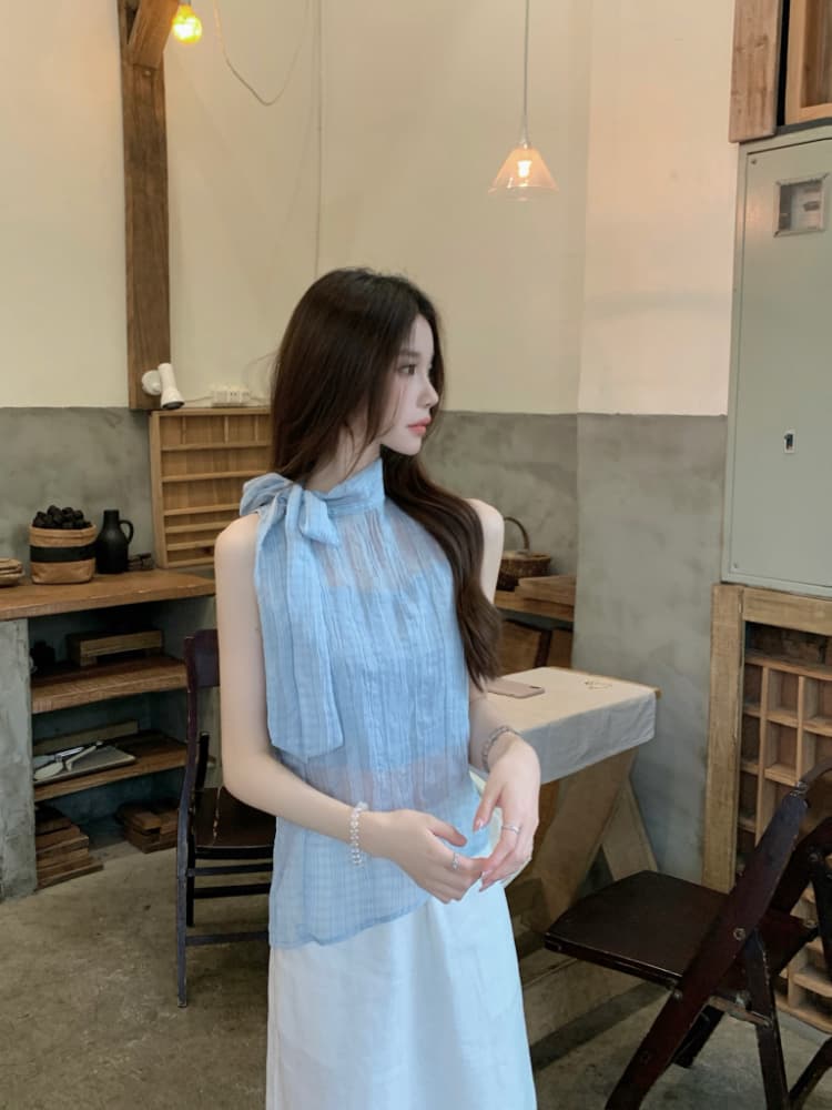 실사 정가 한 부서 나비 넥타이 터틀넥 민소매 체크무늬 조끼 작은 스탠드 칼라 얇은 스타일 ~을 통해 실 슬립 맨위 상세 이미지 6