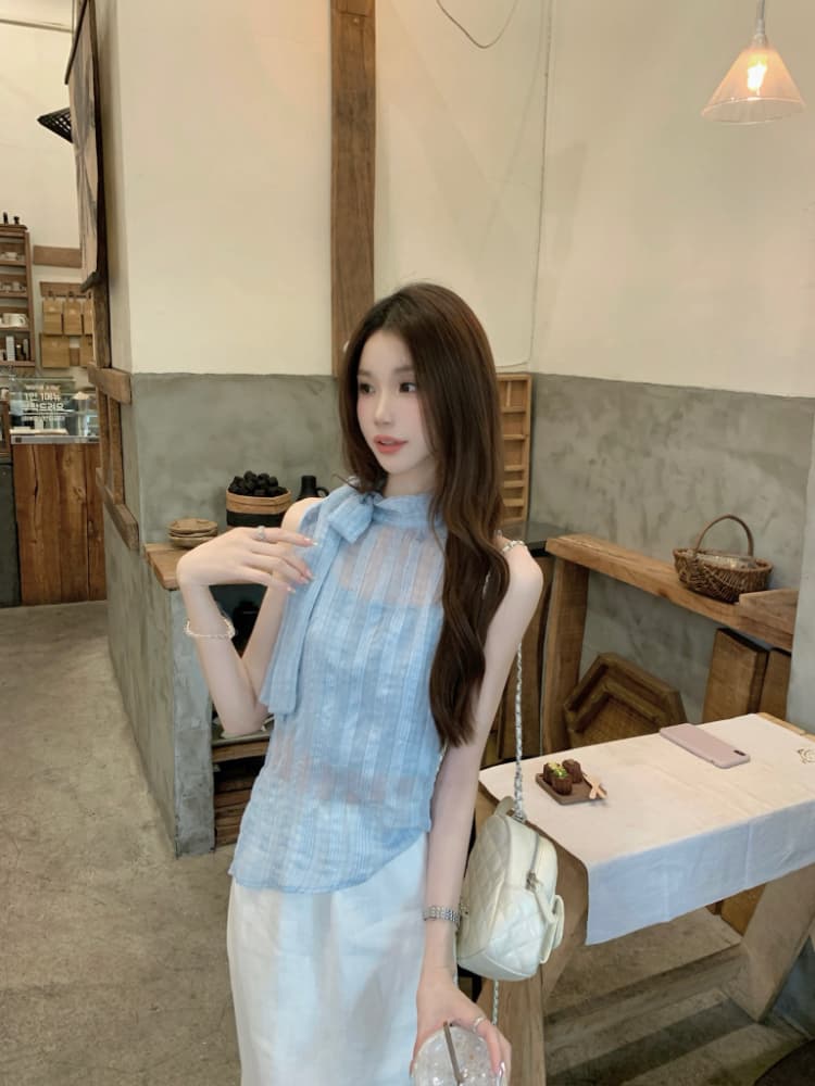 실사 정가 한 부서 나비 넥타이 터틀넥 민소매 체크무늬 조끼 작은 스탠드 칼라 얇은 스타일 ~을 통해 실 슬립 맨위 상세 이미지 7