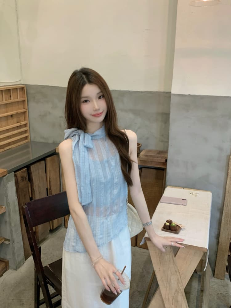 실사 정가 한 부서 나비 넥타이 터틀넥 민소매 체크무늬 조끼 작은 스탠드 칼라 얇은 스타일 ~을 통해 실 슬립 맨위 상세 이미지 9