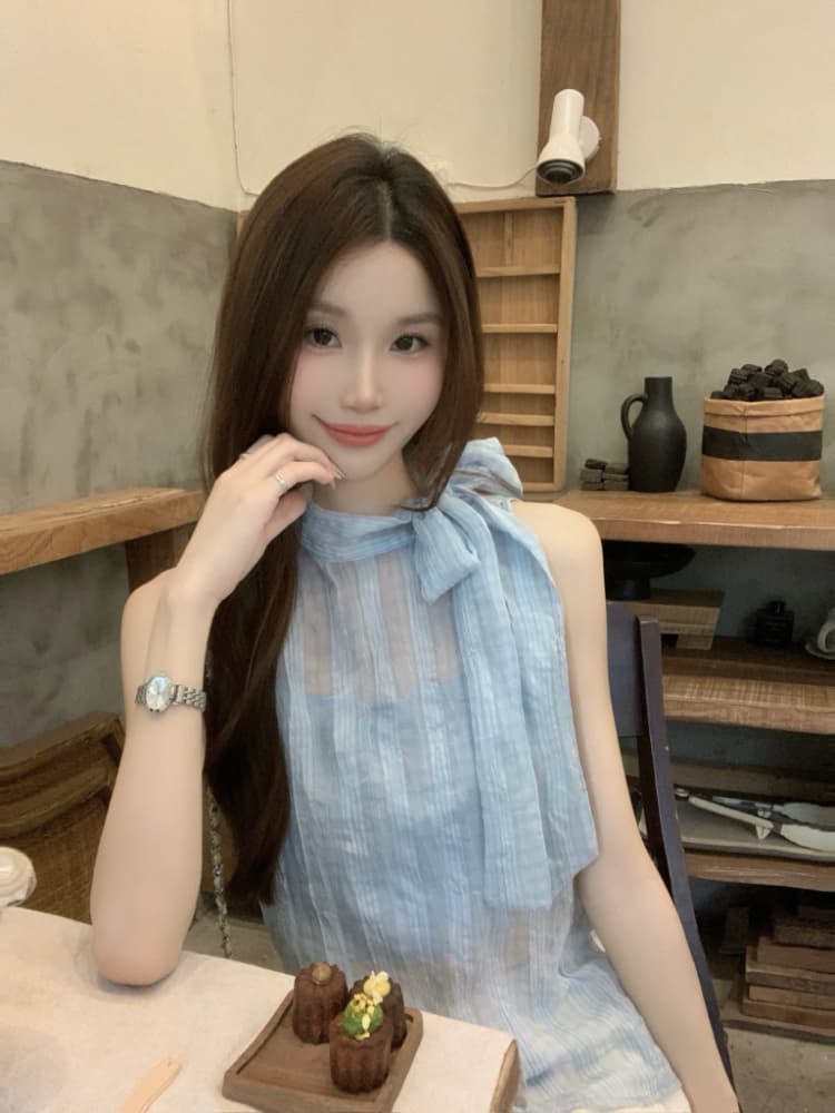 실사 정가 한 부서 나비 넥타이 터틀넥 민소매 체크무늬 조끼 작은 스탠드 칼라 얇은 스타일 ~을 통해 실 슬립 맨위 상세 이미지 10