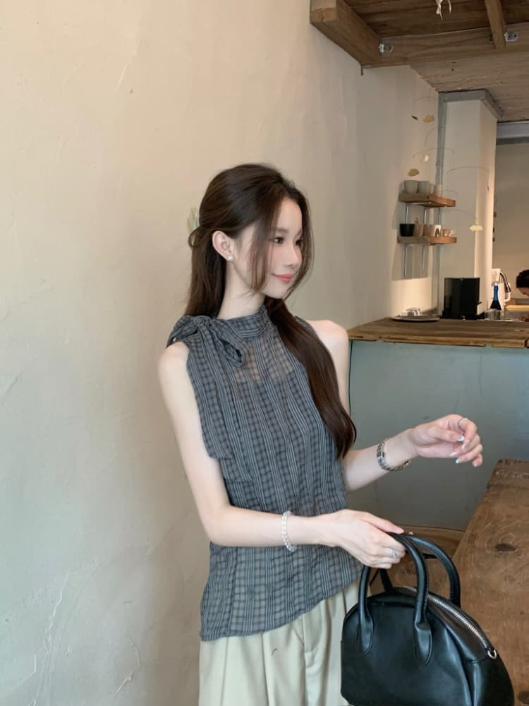 실사 정가 한 부서 나비 넥타이 터틀넥 민소매 체크무늬 조끼 작은 스탠드 칼라 얇은 스타일 ~을 통해 실 슬립 맨위 상세 이미지 12