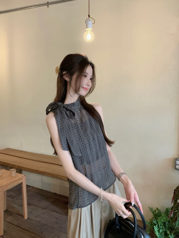 실사 정가 한 부서 나비 넥타이 터틀넥 민소매 체크무늬 조끼 작은 스탠드 칼라 얇은 스타일 ~을 통해 실 슬립 맨위 상세 이미지 14