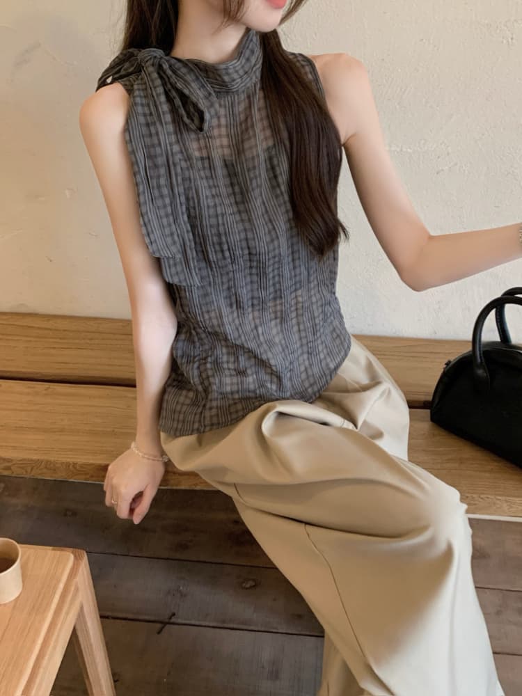 실사 정가 한 부서 나비 넥타이 터틀넥 민소매 체크무늬 조끼 작은 스탠드 칼라 얇은 스타일 ~을 통해 실 슬립 맨위 상세 이미지 15