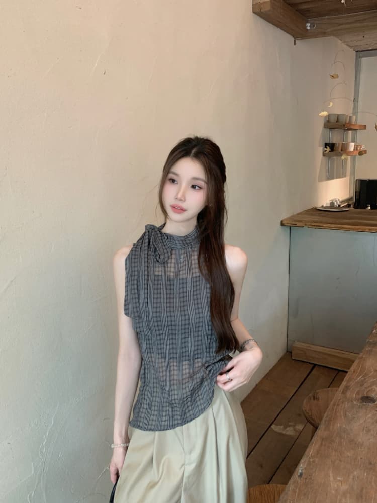 실사 정가 한 부서 나비 넥타이 터틀넥 민소매 체크무늬 조끼 작은 스탠드 칼라 얇은 스타일 ~을 통해 실 슬립 맨위 상세 이미지 16