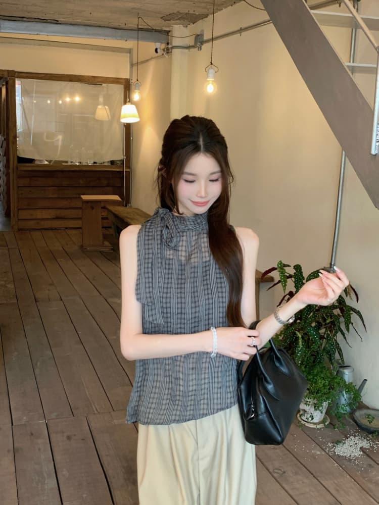 실사 정가 한 부서 나비 넥타이 터틀넥 민소매 체크무늬 조끼 작은 스탠드 칼라 얇은 스타일 ~을 통해 실 슬립 맨위 상세 이미지 17