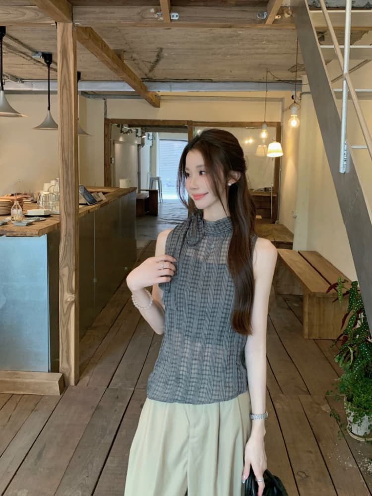 실사 정가 한 부서 나비 넥타이 터틀넥 민소매 체크무늬 조끼 작은 스탠드 칼라 얇은 스타일 ~을 통해 실 슬립 맨위 상세 이미지 19