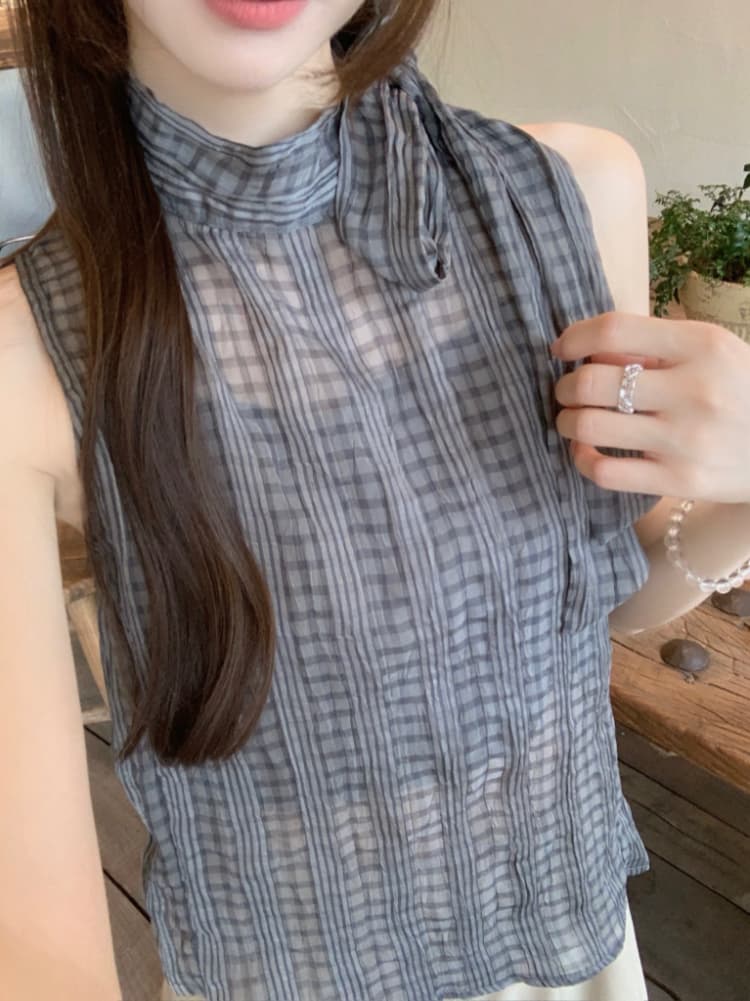 실사 정가 한 부서 나비 넥타이 터틀넥 민소매 체크무늬 조끼 작은 스탠드 칼라 얇은 스타일 ~을 통해 실 슬립 맨위 상세 이미지 20