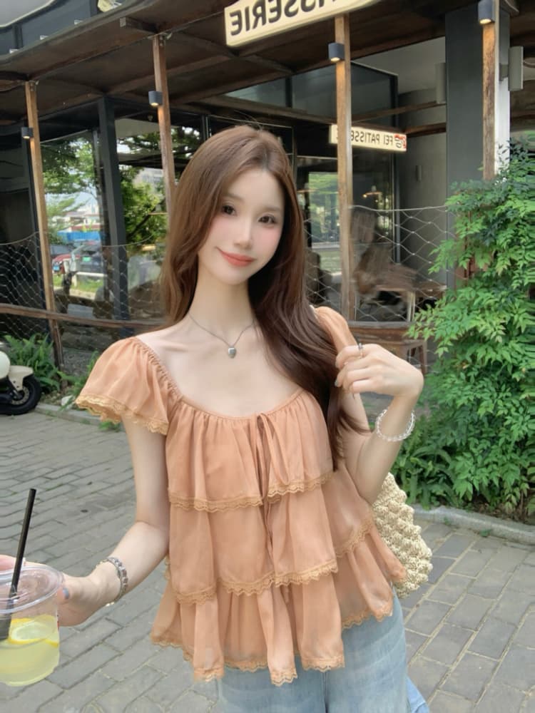 실사 정가 여름 고대 복장 센스 달콤한 자매 라운드 넥 작은 날다 소매 패치워크 레이스 측면 거즈 셔츠 반팔 맨위 상세 이미지 5