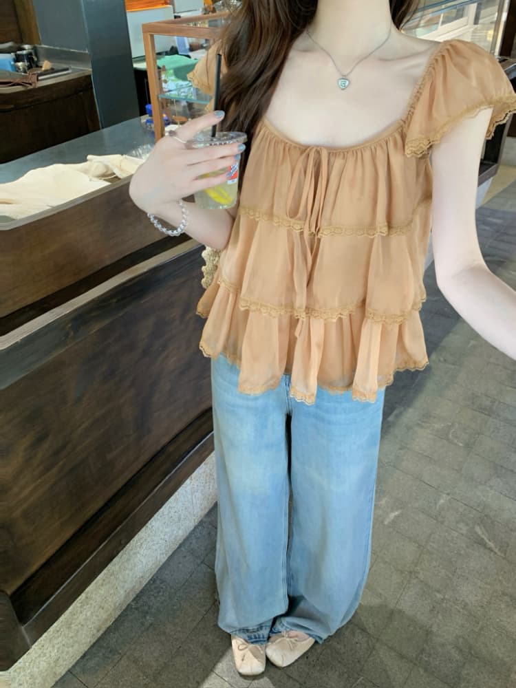실사 정가 여름 고대 복장 센스 달콤한 자매 라운드 넥 작은 날다 소매 패치워크 레이스 측면 거즈 셔츠 반팔 맨위 상세 이미지 10