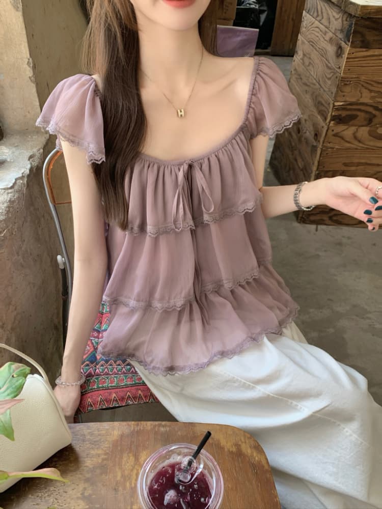 실사 정가 여름 고대 복장 센스 달콤한 자매 라운드 넥 작은 날다 소매 패치워크 레이스 측면 거즈 셔츠 반팔 맨위 상세 이미지 15