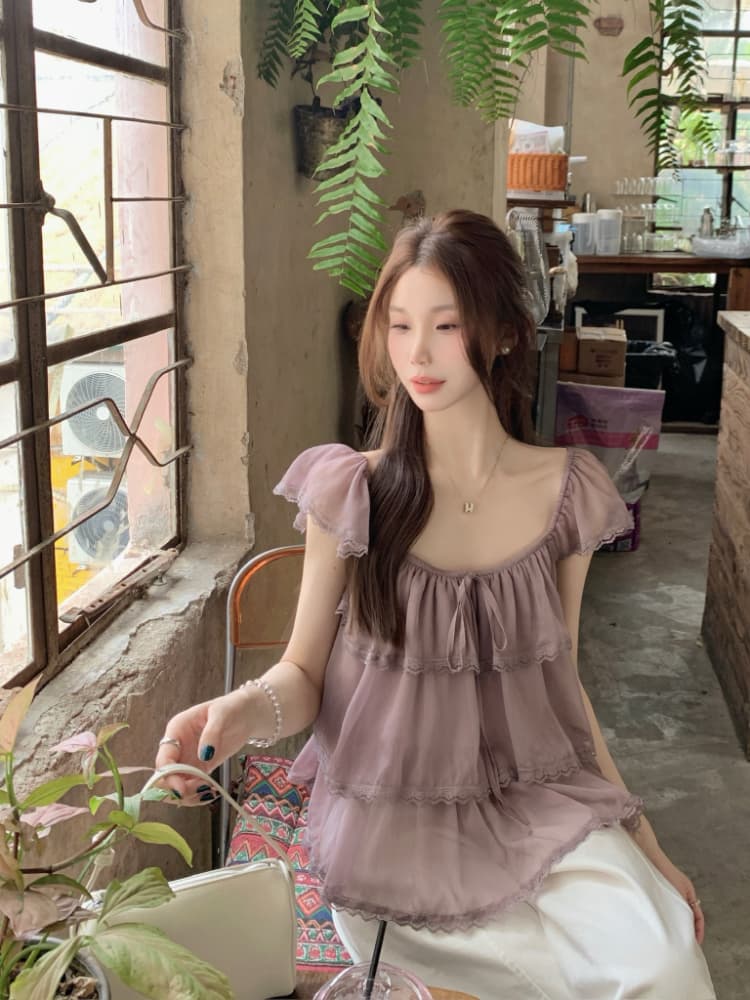 실사 정가 여름 고대 복장 센스 달콤한 자매 라운드 넥 작은 날다 소매 패치워크 레이스 측면 거즈 셔츠 반팔 맨위 상세 이미지 17