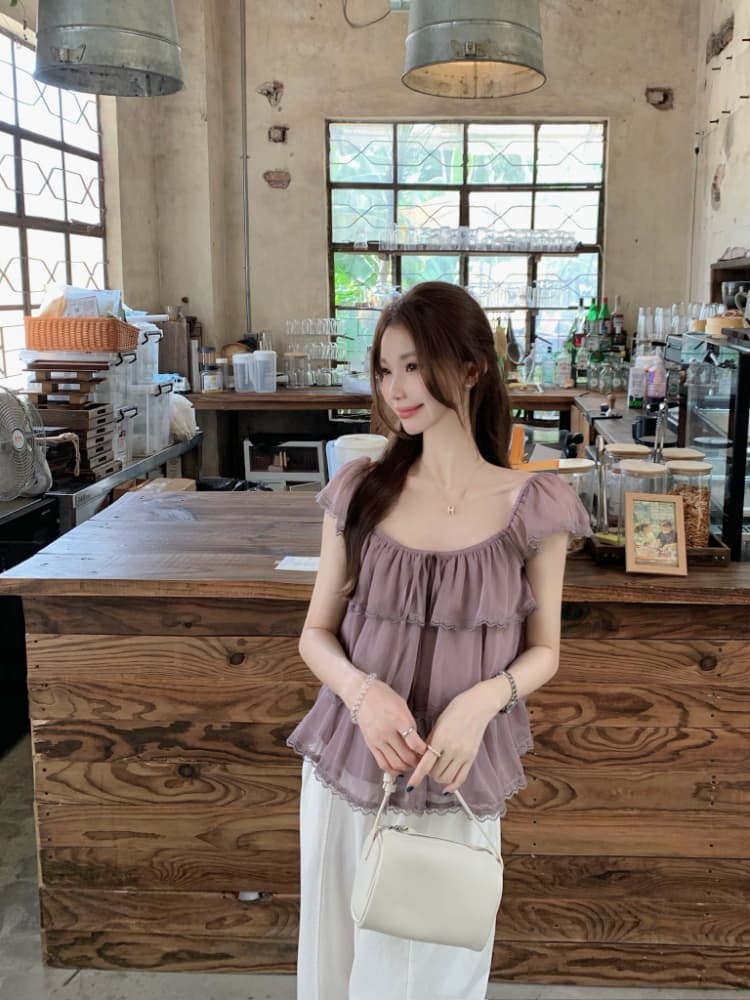 실사 정가 여름 고대 복장 센스 달콤한 자매 라운드 넥 작은 날다 소매 패치워크 레이스 측면 거즈 셔츠 반팔 맨위 상세 이미지 18
