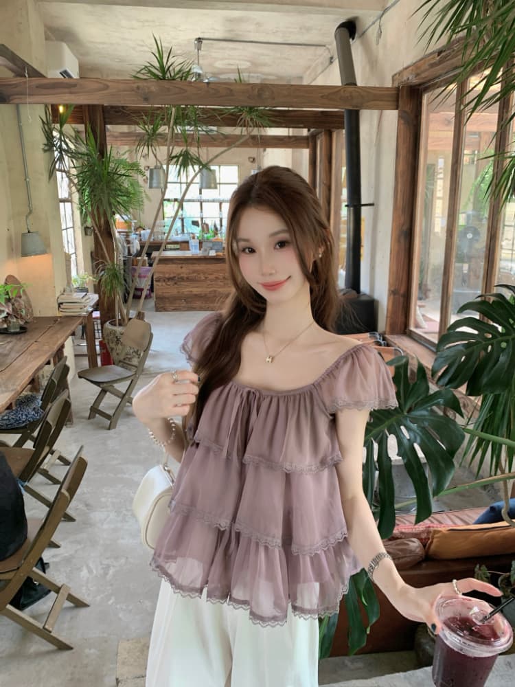 실사 정가 여름 고대 복장 센스 달콤한 자매 라운드 넥 작은 날다 소매 패치워크 레이스 측면 거즈 셔츠 반팔 맨위 상세 이미지 20