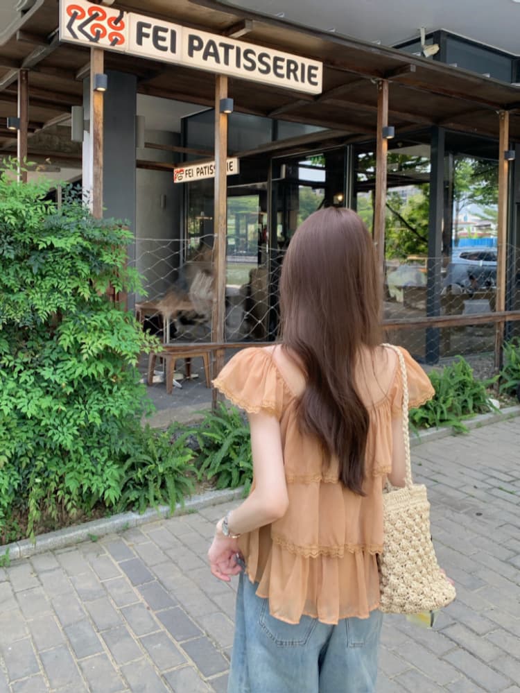 실사 정가 여름 고대 복장 센스 달콤한 자매 라운드 넥 작은 날다 소매 패치워크 레이스 측면 거즈 셔츠 반팔 맨위 이미지 4