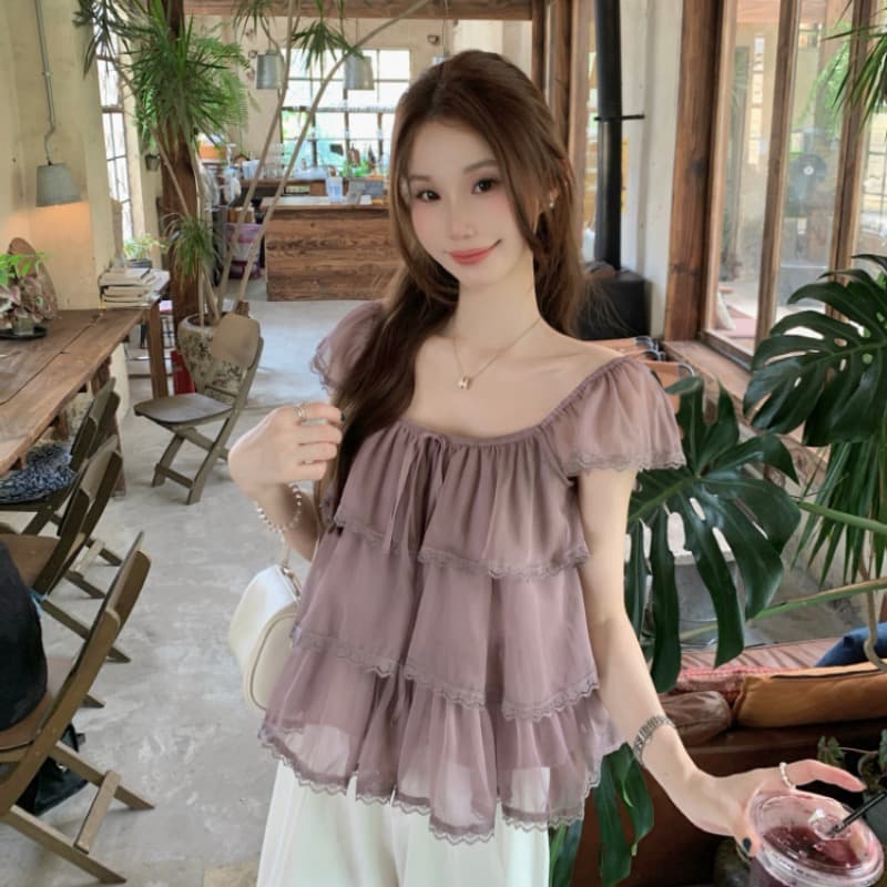 실사 정가 여름 고대 복장 센스 달콤한 자매 라운드 넥 작은 날다 소매 패치워크 레이스 측면 거즈 셔츠 반팔 맨위 이미지 5