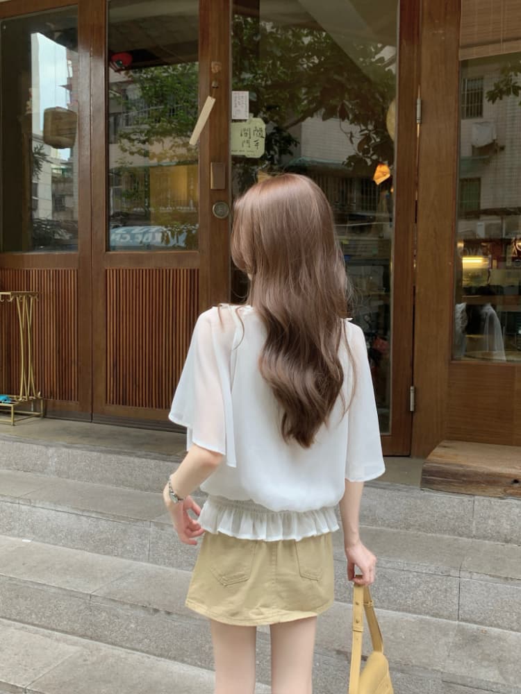 실사 정가 부드러운 바람 프랑스식 품격 레이스 조각 V넥 레이스업 명중 가져 가라. 허리 수축 슬림해 보이는 쉬폰 작은 셔츠 상세 이미지 2