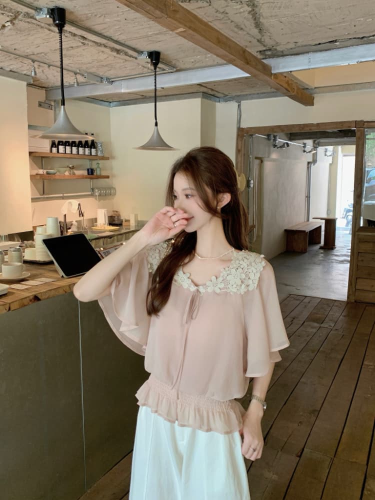 실사 정가 부드러운 바람 프랑스식 품격 레이스 조각 V넥 레이스업 명중 가져 가라. 허리 수축 슬림해 보이는 쉬폰 작은 셔츠 상세 이미지 16