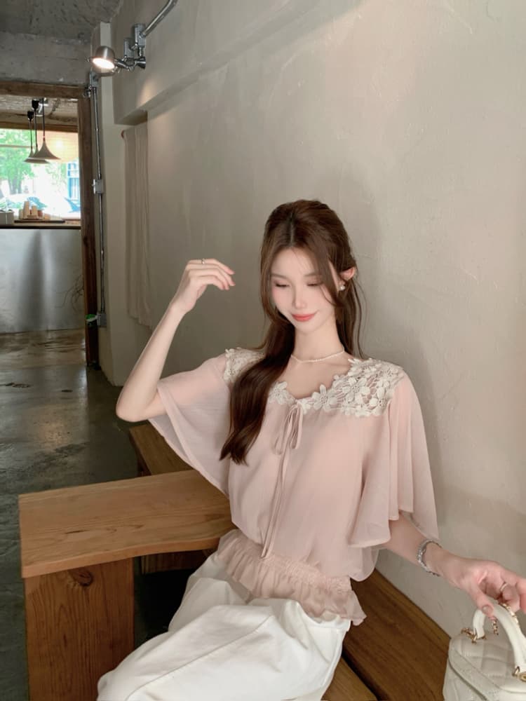 실사 정가 부드러운 바람 프랑스식 품격 레이스 조각 V넥 레이스업 명중 가져 가라. 허리 수축 슬림해 보이는 쉬폰 작은 셔츠 상세 이미지 18