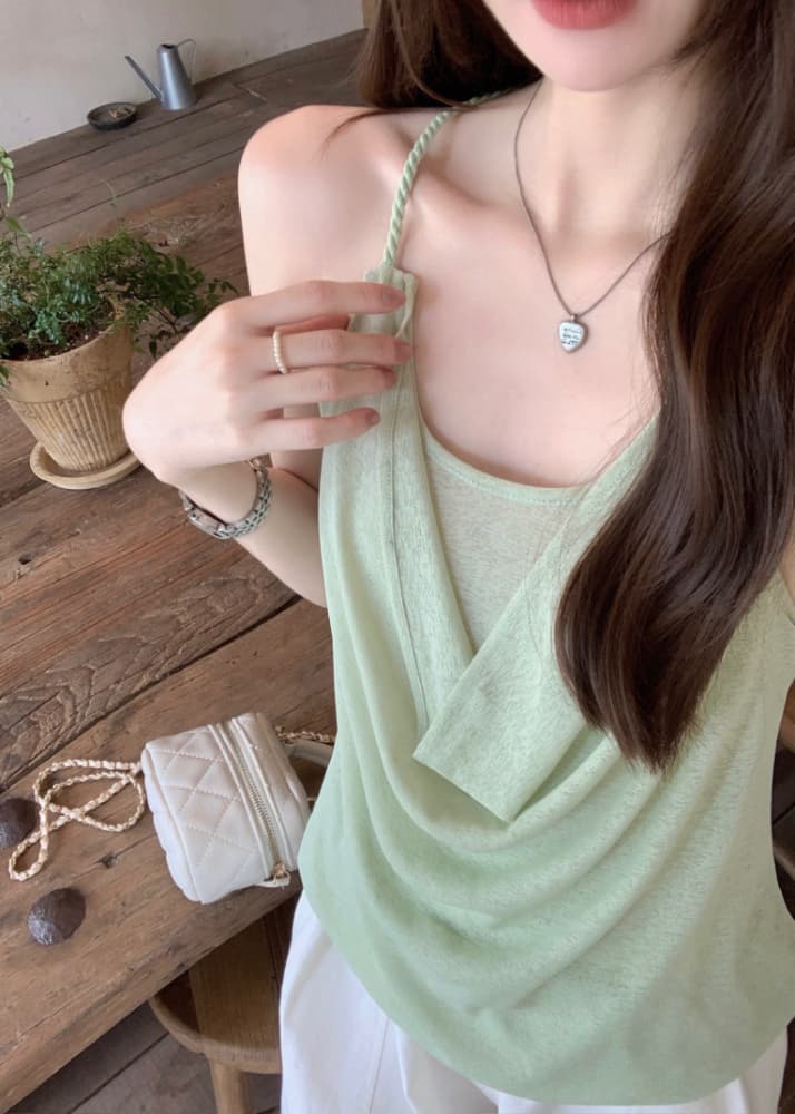 실사 정가 휴가 바람 프랑스식 품격 작은 여자 행침 목 조끼 루즈핏 흔들다 칼라 백리스 페이크 레이어드 슬립 이미지 3