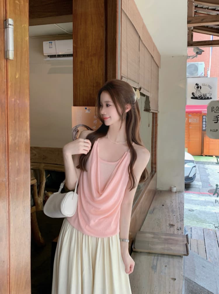 실사 정가 휴가 바람 프랑스식 품격 작은 여자 행침 목 조끼 루즈핏 흔들다 칼라 백리스 페이크 레이어드 슬립 상세 이미지 1