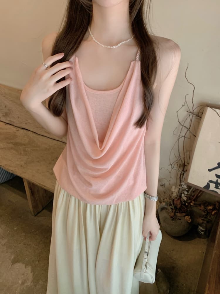 실사 정가 휴가 바람 프랑스식 품격 작은 여자 행침 목 조끼 루즈핏 흔들다 칼라 백리스 페이크 레이어드 슬립 상세 이미지 2