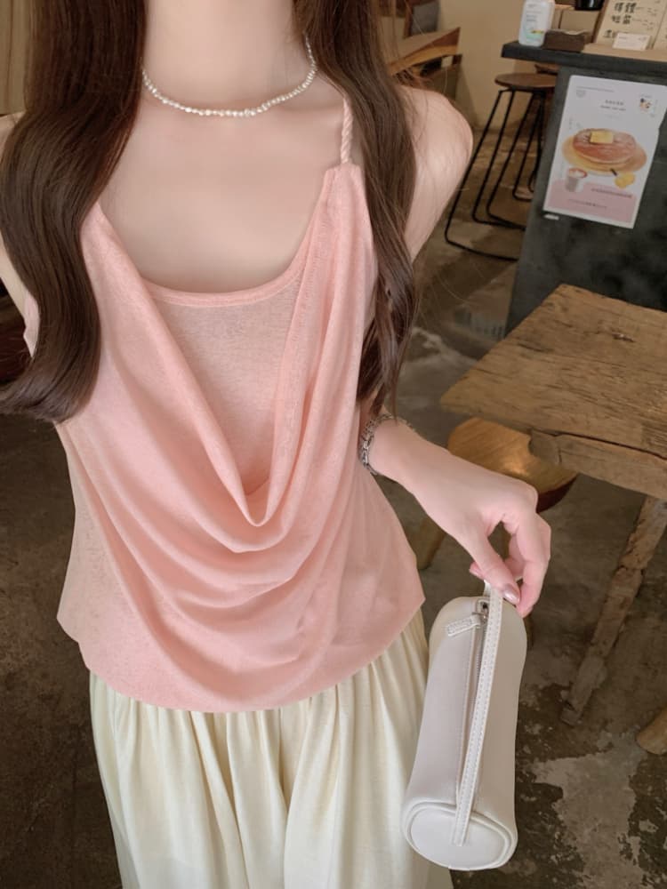 실사 정가 휴가 바람 프랑스식 품격 작은 여자 행침 목 조끼 루즈핏 흔들다 칼라 백리스 페이크 레이어드 슬립 상세 이미지 4