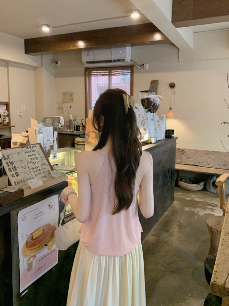 실사 정가 휴가 바람 프랑스식 품격 작은 여자 행침 목 조끼 루즈핏 흔들다 칼라 백리스 페이크 레이어드 슬립 상세 이미지 5
