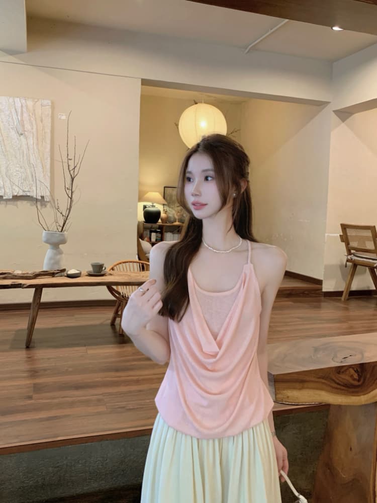 실사 정가 휴가 바람 프랑스식 품격 작은 여자 행침 목 조끼 루즈핏 흔들다 칼라 백리스 페이크 레이어드 슬립 상세 이미지 6