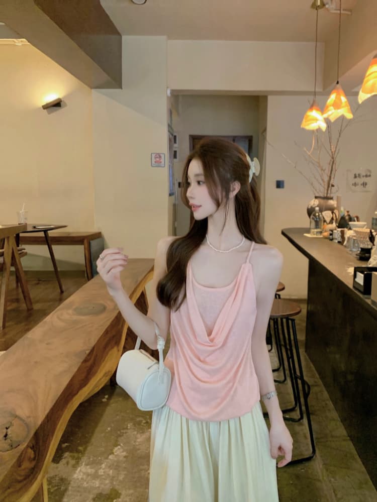 실사 정가 휴가 바람 프랑스식 품격 작은 여자 행침 목 조끼 루즈핏 흔들다 칼라 백리스 페이크 레이어드 슬립 상세 이미지 9