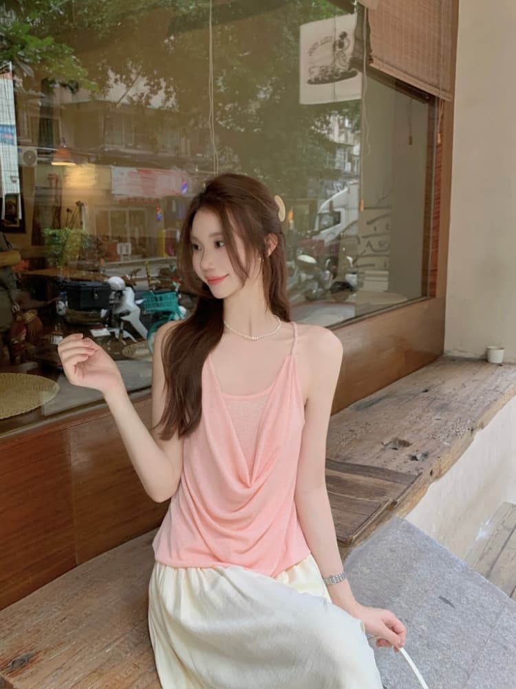 실사 정가 휴가 바람 프랑스식 품격 작은 여자 행침 목 조끼 루즈핏 흔들다 칼라 백리스 페이크 레이어드 슬립 상세 이미지 10