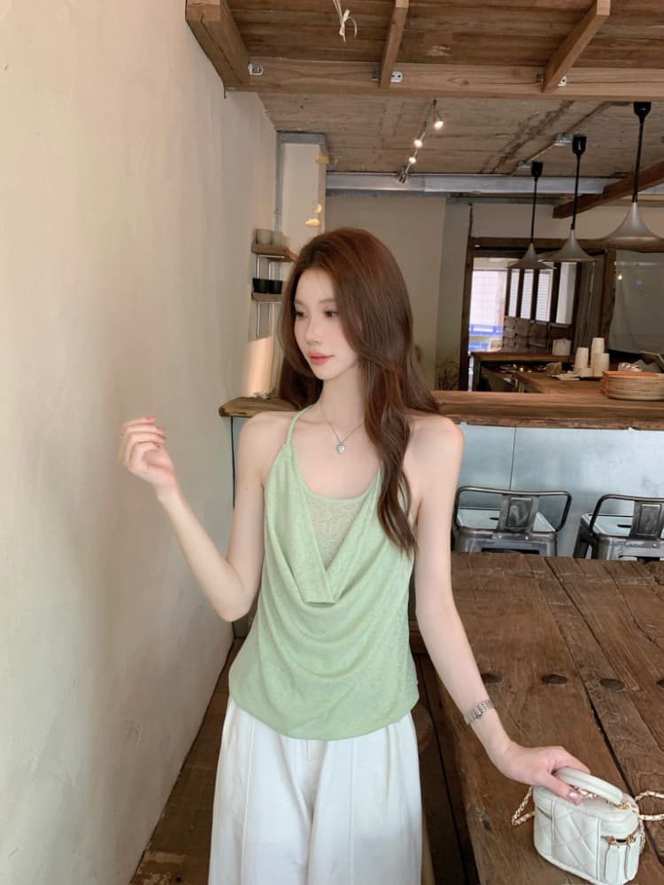 실사 정가 휴가 바람 프랑스식 품격 작은 여자 행침 목 조끼 루즈핏 흔들다 칼라 백리스 페이크 레이어드 슬립 상세 이미지 14