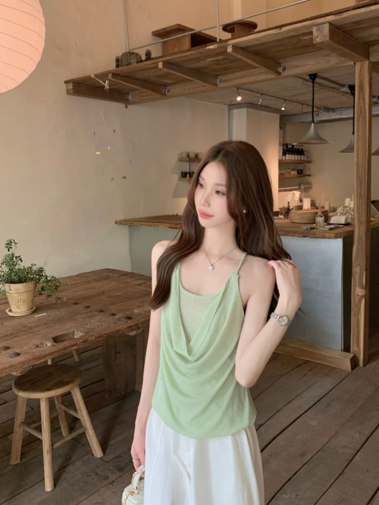 실사 정가 휴가 바람 프랑스식 품격 작은 여자 행침 목 조끼 루즈핏 흔들다 칼라 백리스 페이크 레이어드 슬립 상세 이미지 16