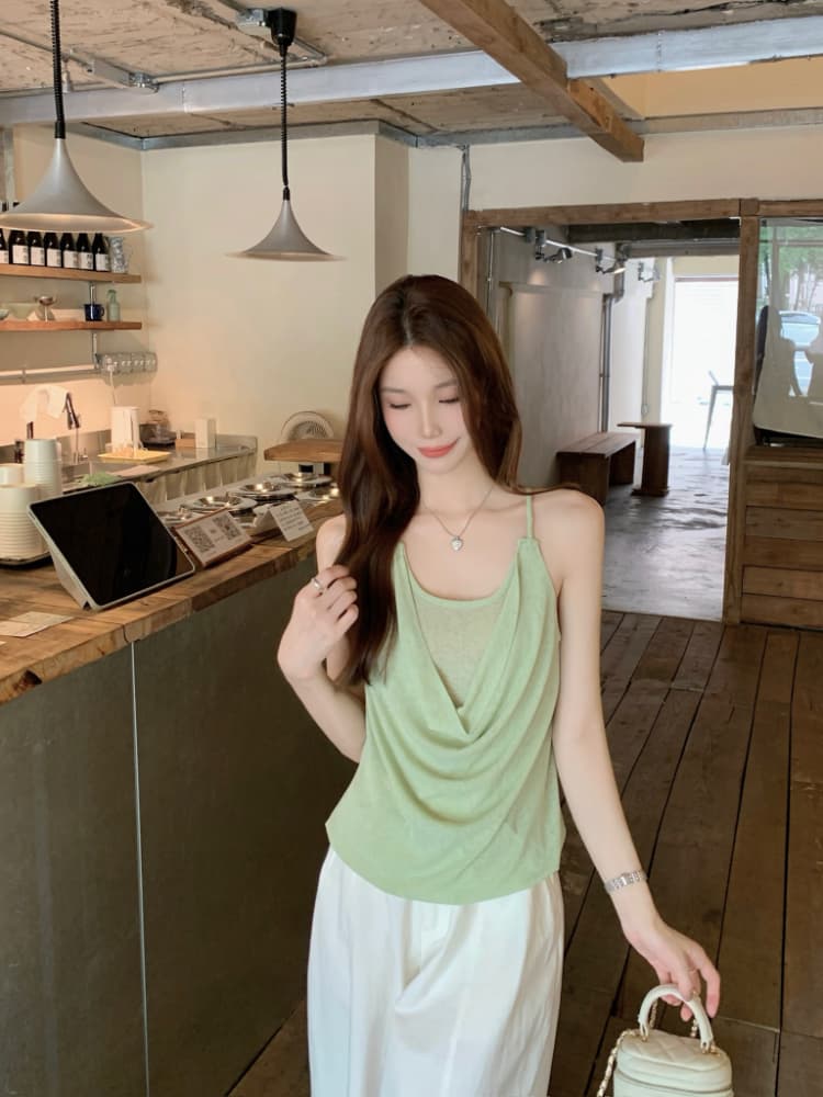 실사 정가 휴가 바람 프랑스식 품격 작은 여자 행침 목 조끼 루즈핏 흔들다 칼라 백리스 페이크 레이어드 슬립 상세 이미지 18