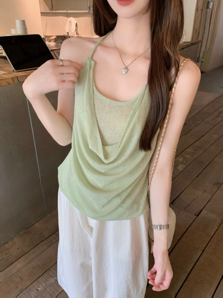 실사 정가 휴가 바람 프랑스식 품격 작은 여자 행침 목 조끼 루즈핏 흔들다 칼라 백리스 페이크 레이어드 슬립 상세 이미지 19