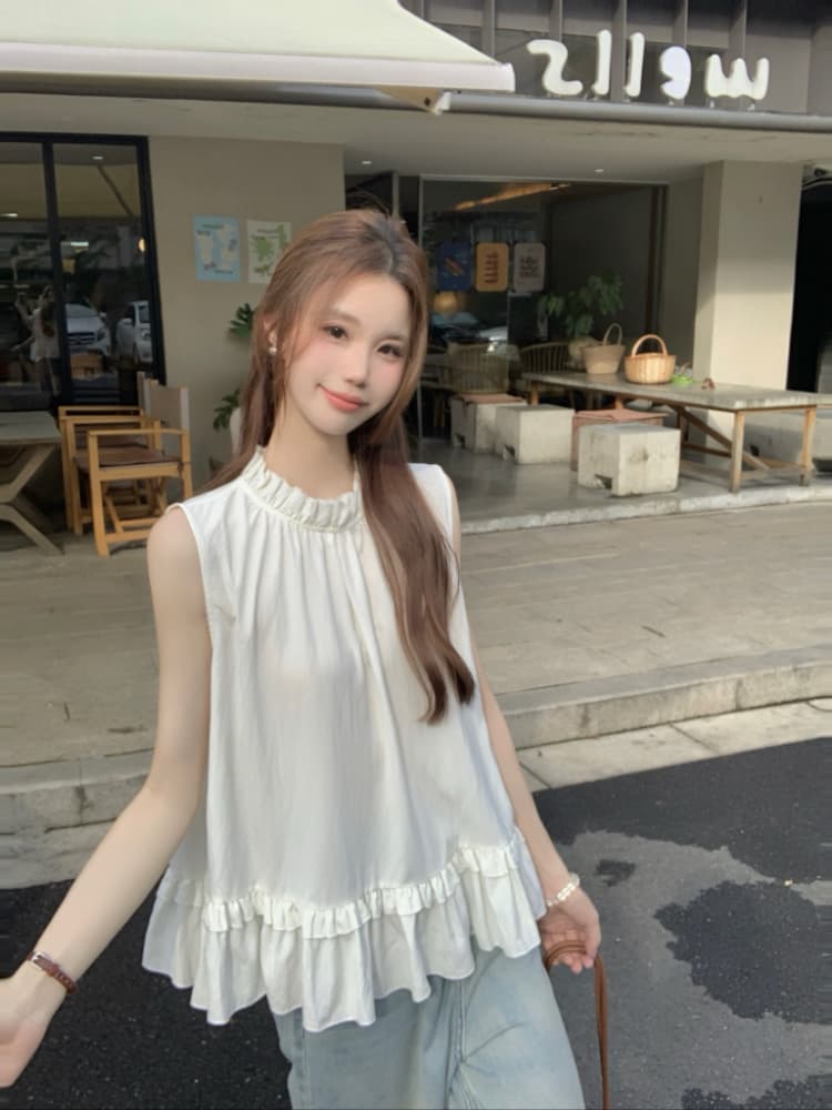 실사 정가 달콤함 프릴 민소매 조끼 셔츠 한 부서 chic 연령 감소 디스플레이 화이트 빨간색 작은 셔츠 맨위 상세 이미지 1
