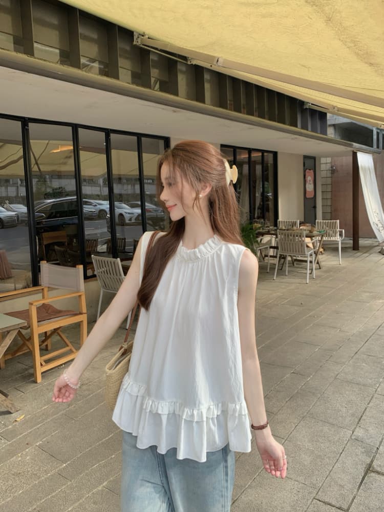 실사 정가 달콤함 프릴 민소매 조끼 셔츠 한 부서 chic 연령 감소 디스플레이 화이트 빨간색 작은 셔츠 맨위 상세 이미지 2
