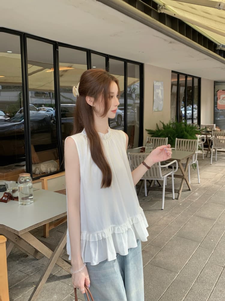 실사 정가 달콤함 프릴 민소매 조끼 셔츠 한 부서 chic 연령 감소 디스플레이 화이트 빨간색 작은 셔츠 맨위 상세 이미지 3