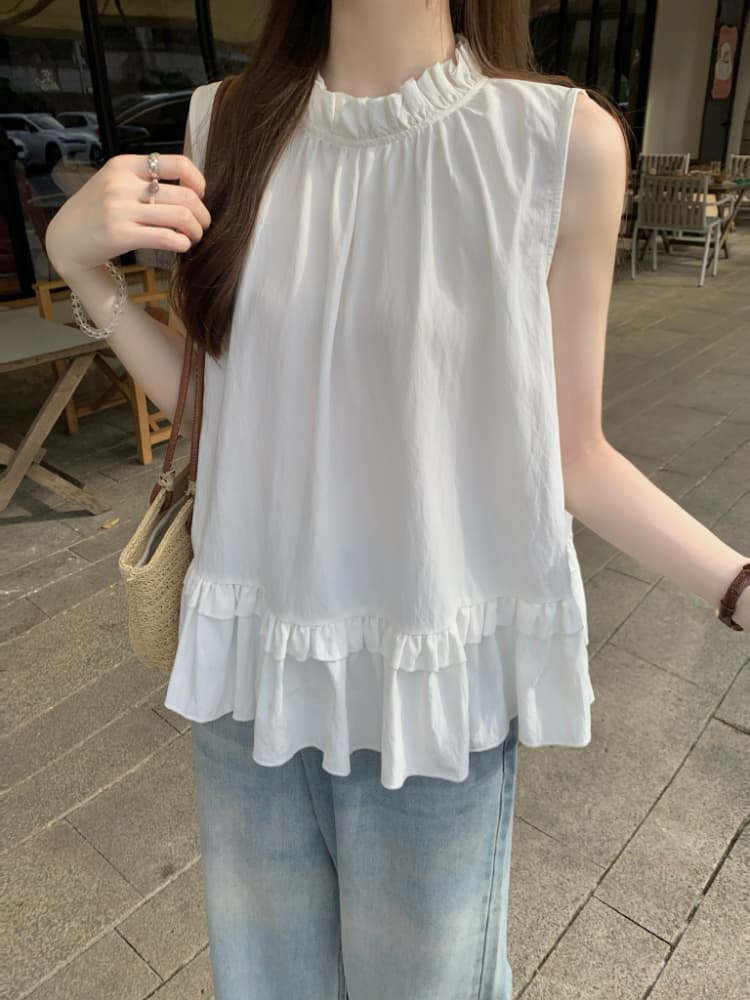 실사 정가 달콤함 프릴 민소매 조끼 셔츠 한 부서 chic 연령 감소 디스플레이 화이트 빨간색 작은 셔츠 맨위 상세 이미지 4