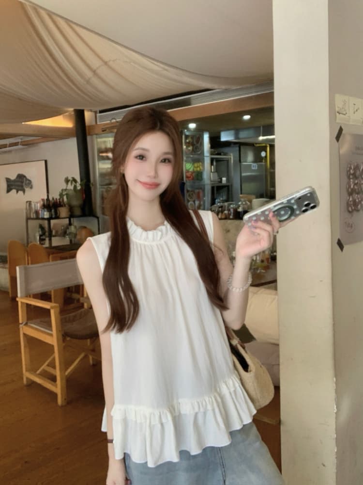 실사 정가 달콤함 프릴 민소매 조끼 셔츠 한 부서 chic 연령 감소 디스플레이 화이트 빨간색 작은 셔츠 맨위 상세 이미지 5