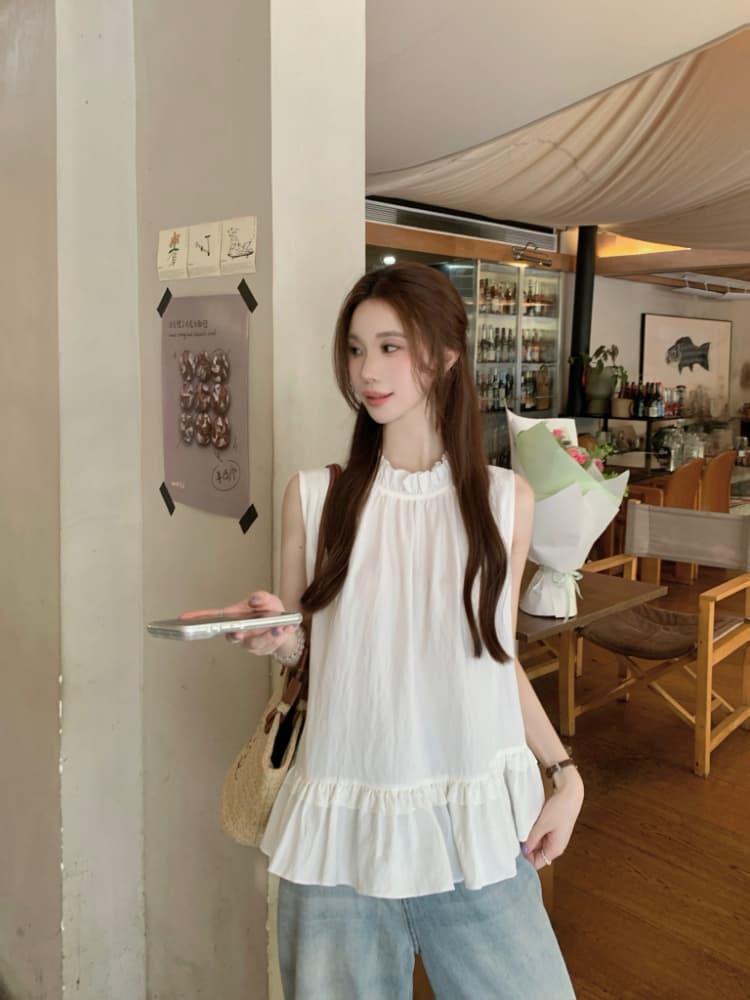 실사 정가 달콤함 프릴 민소매 조끼 셔츠 한 부서 chic 연령 감소 디스플레이 화이트 빨간색 작은 셔츠 맨위 상세 이미지 6