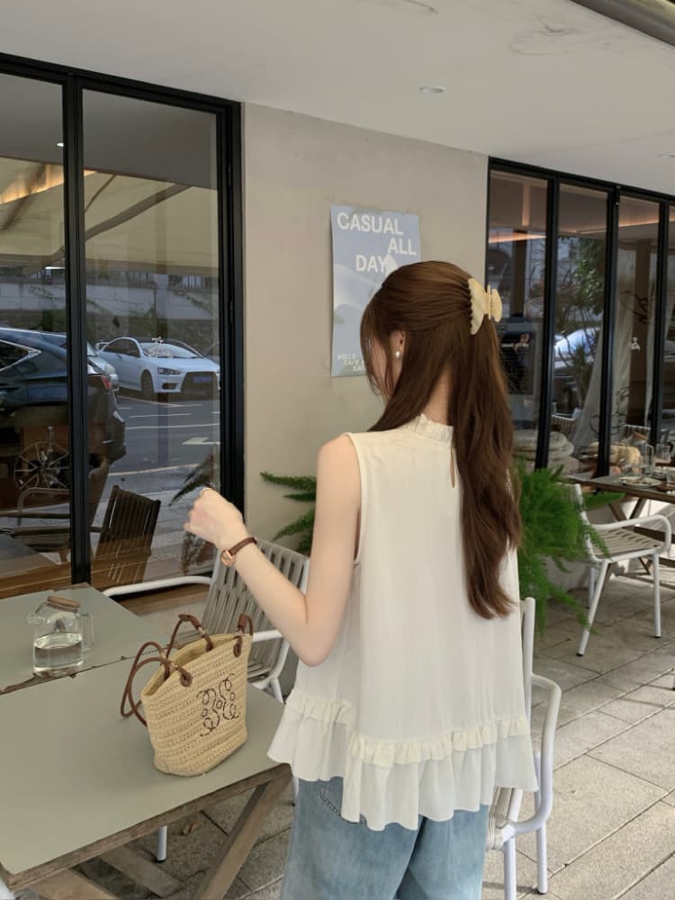 실사 정가 달콤함 프릴 민소매 조끼 셔츠 한 부서 chic 연령 감소 디스플레이 화이트 빨간색 작은 셔츠 맨위 상세 이미지 9