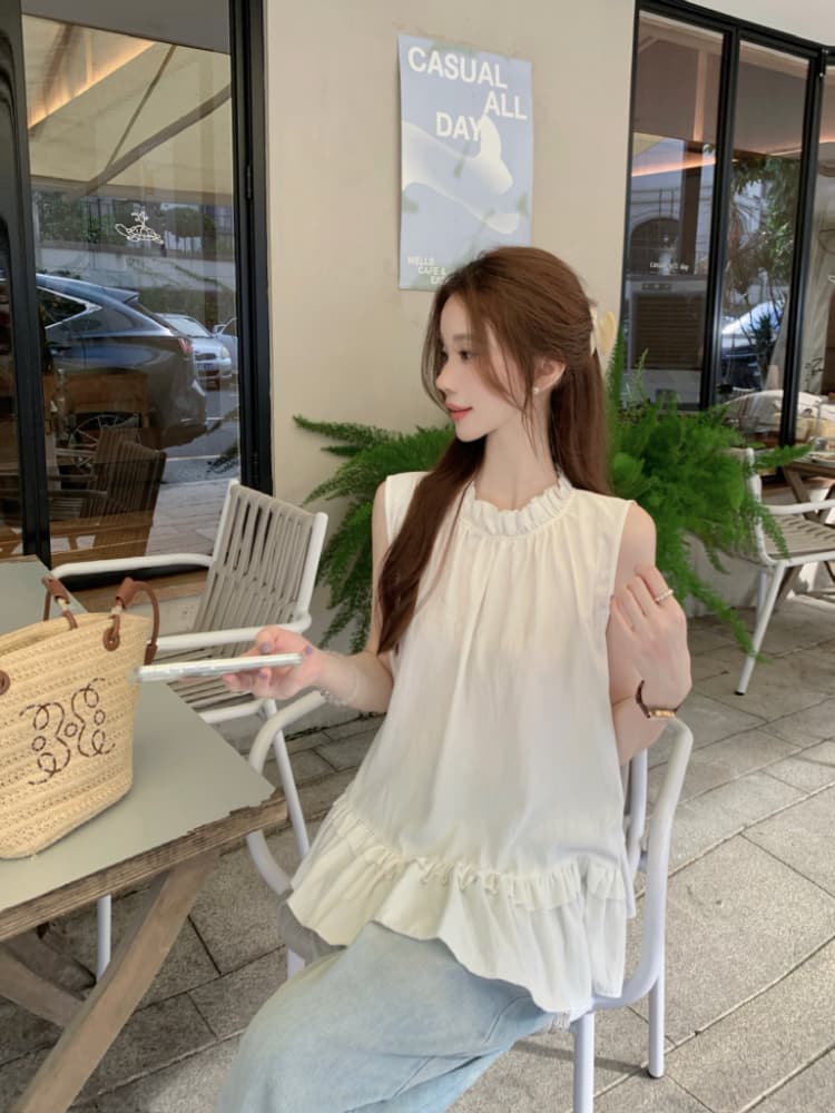 실사 정가 달콤함 프릴 민소매 조끼 셔츠 한 부서 chic 연령 감소 디스플레이 화이트 빨간색 작은 셔츠 맨위 상세 이미지 10