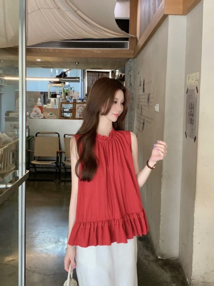 실사 정가 달콤함 프릴 민소매 조끼 셔츠 한 부서 chic 연령 감소 디스플레이 화이트 빨간색 작은 셔츠 맨위 상세 이미지 11