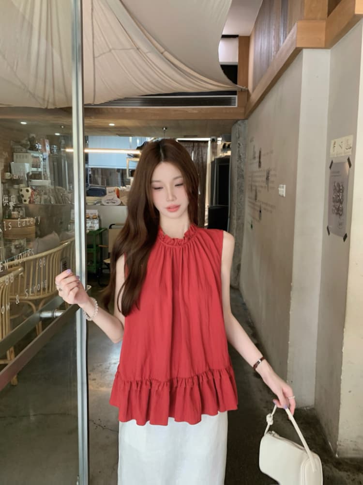실사 정가 달콤함 프릴 민소매 조끼 셔츠 한 부서 chic 연령 감소 디스플레이 화이트 빨간색 작은 셔츠 맨위 상세 이미지 12