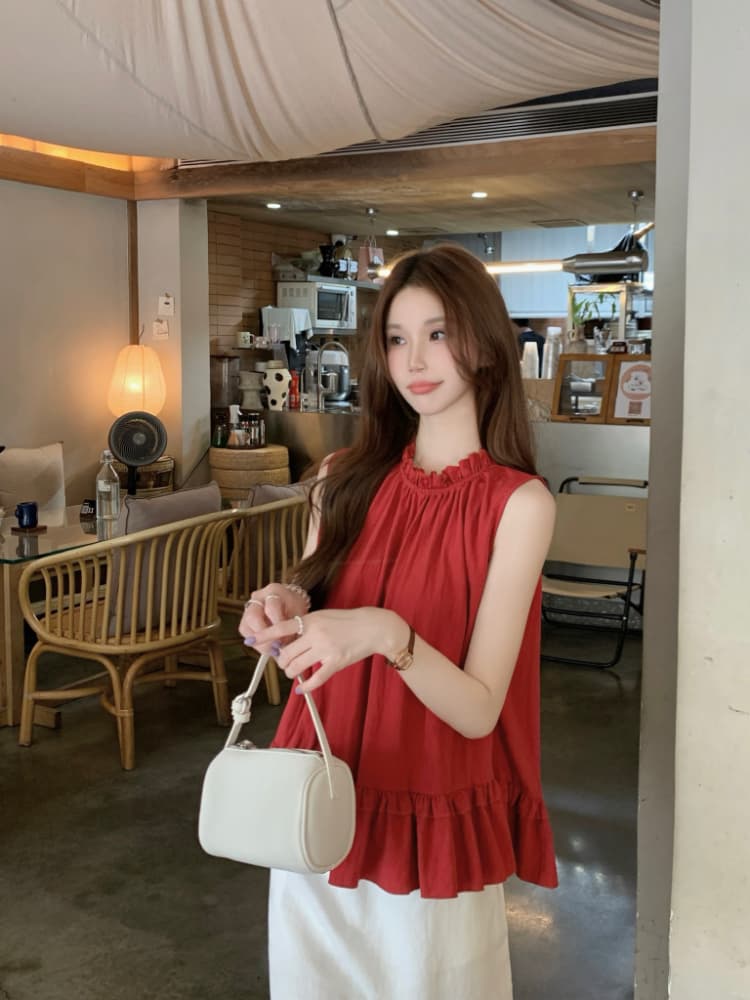 실사 정가 달콤함 프릴 민소매 조끼 셔츠 한 부서 chic 연령 감소 디스플레이 화이트 빨간색 작은 셔츠 맨위 상세 이미지 13